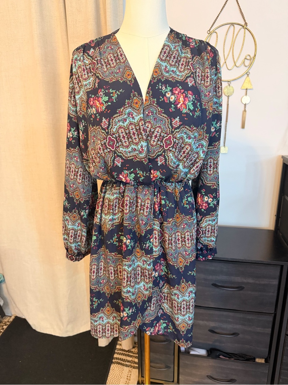 Sage Navy Floral Paisley Long-Sleeve Waist-Tie Dress